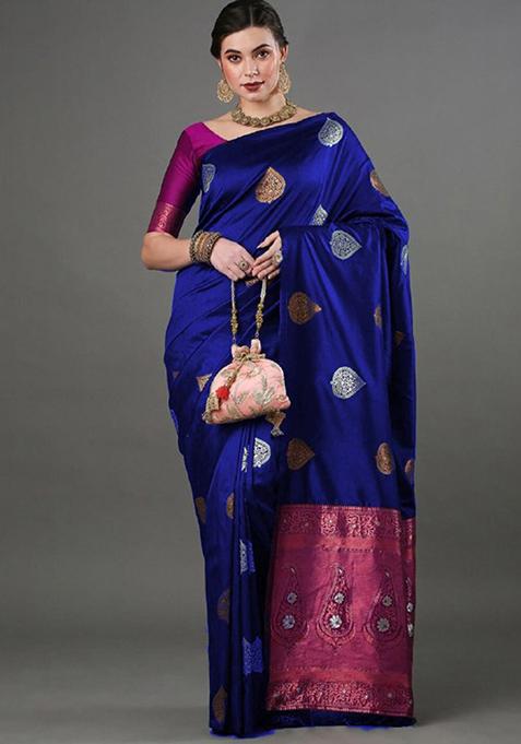 Royal Blue Zari Woven Banarasi Silk Saree Set