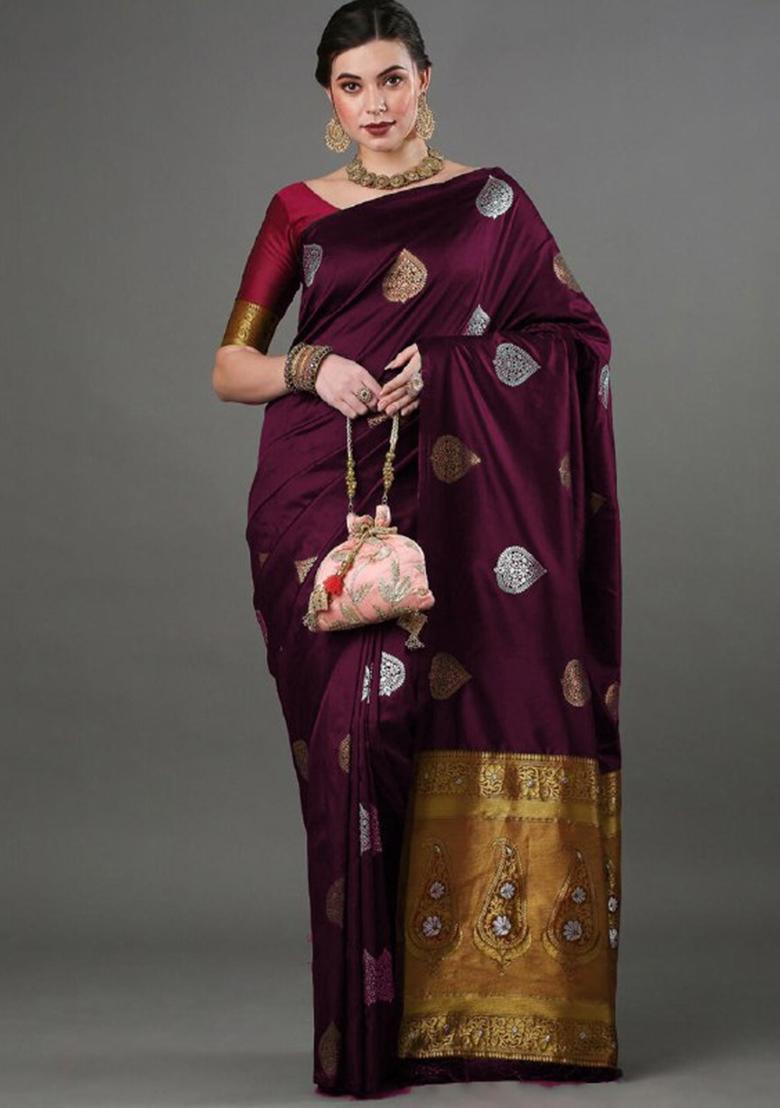 Wine Zari Woven Banarasi Silk Saree Set