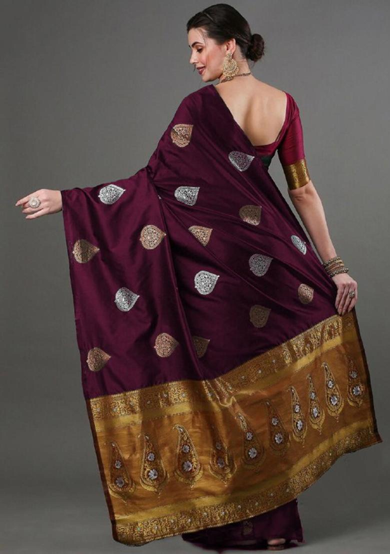 Wine Zari Woven Banarasi Silk Saree Set