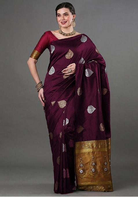 Wine Zari Woven Banarasi Silk Saree Set