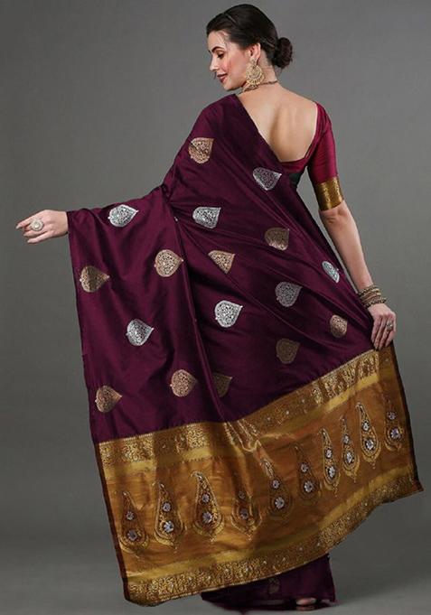Wine Zari Woven Banarasi Silk Saree Set