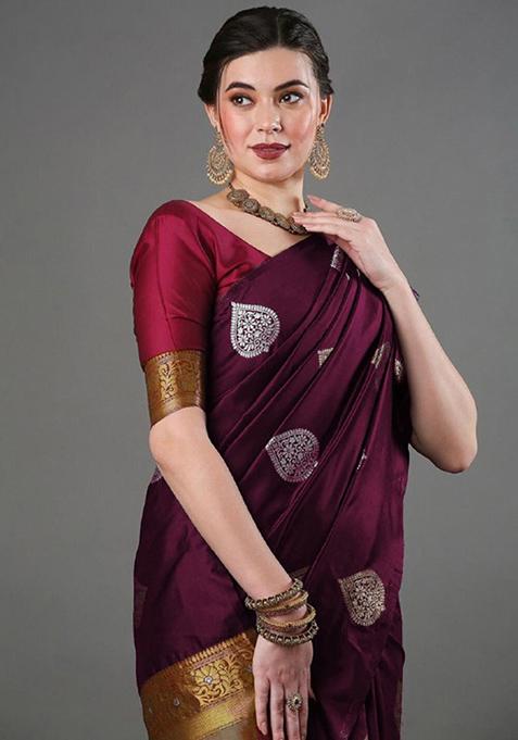 Wine Zari Woven Banarasi Silk Saree Set