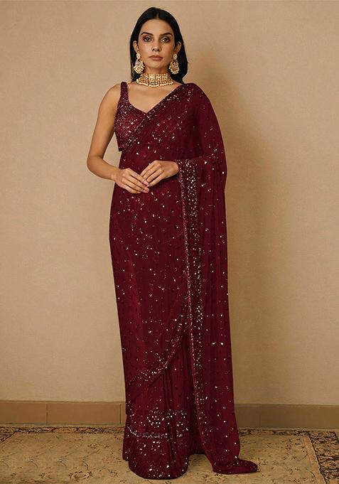 Maroon Embroidered Soft Net Saree Set