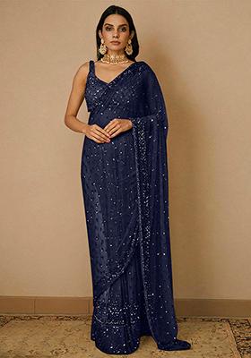 Navy Blue Embroidered Soft Net Saree Set
