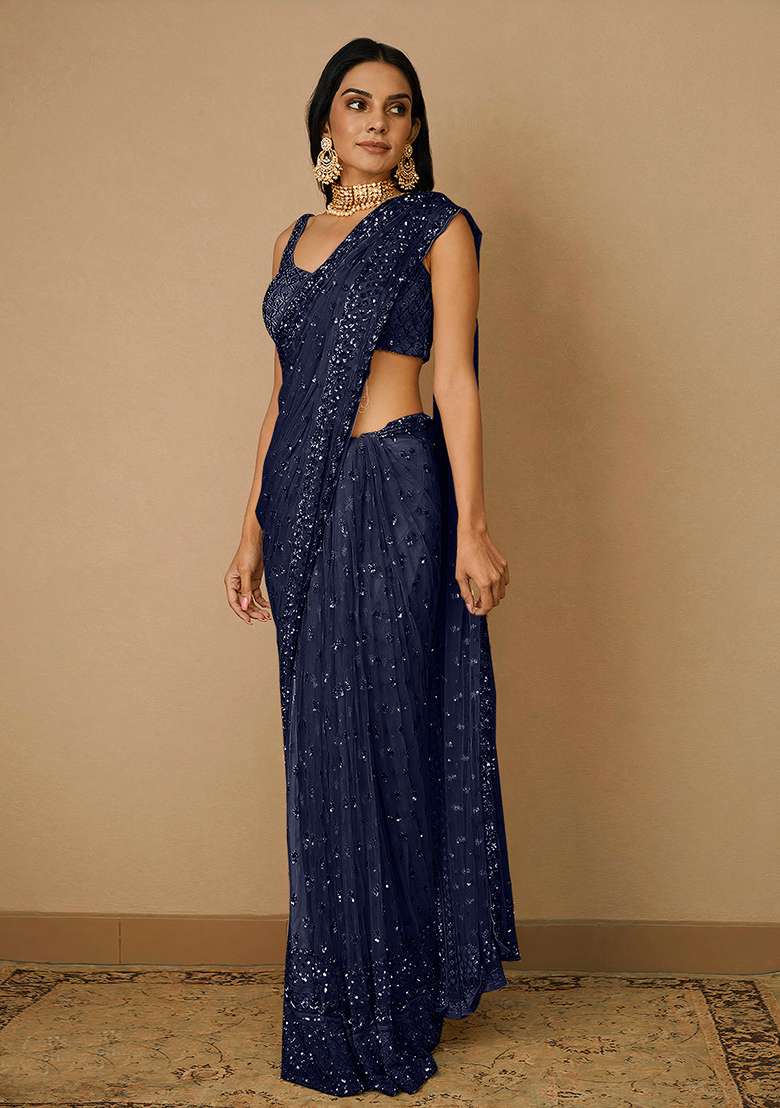 Navy Blue Soft Net Saree Set with Embroidered for Diwali | Wedding & Festive Wear - Indya