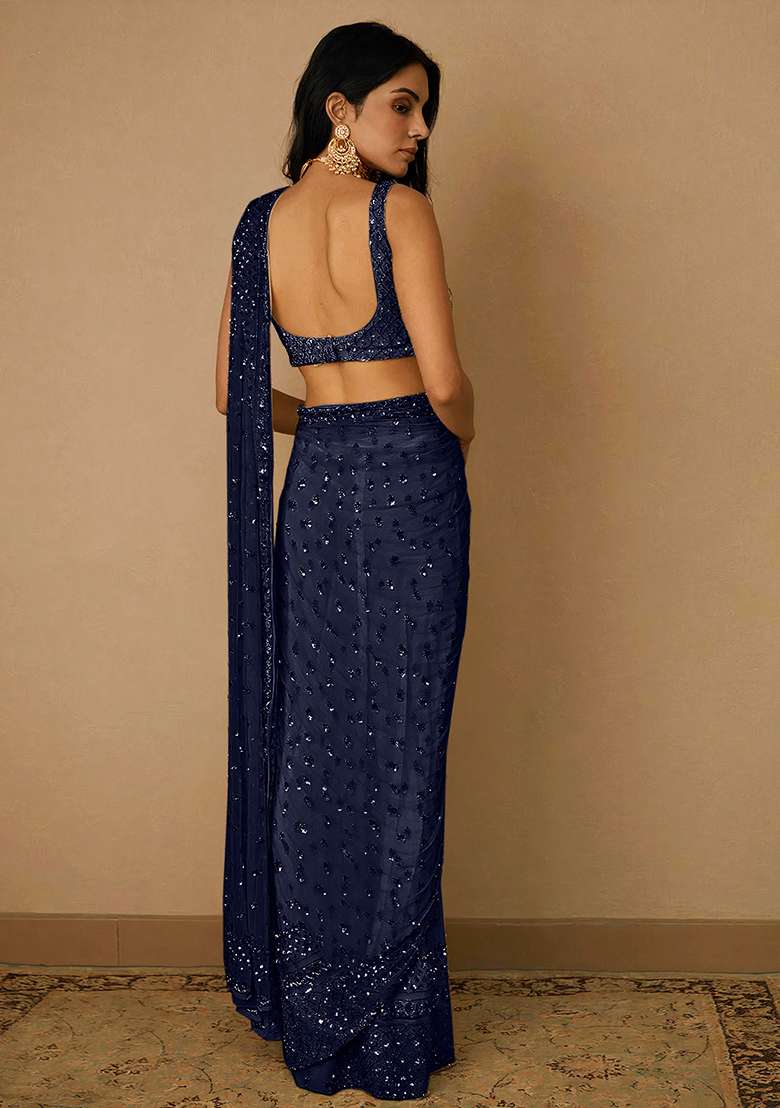 Navy Blue Soft Net Saree Set with Embroidered for Diwali | Wedding & Festive Wear - Indya