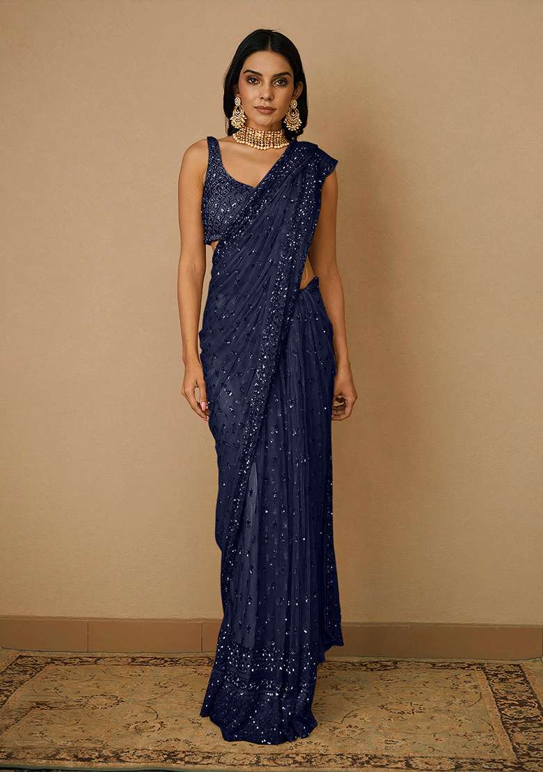 Navy Blue Soft Net Saree Set with Embroidered for Diwali | Wedding & Festive Wear - Indya