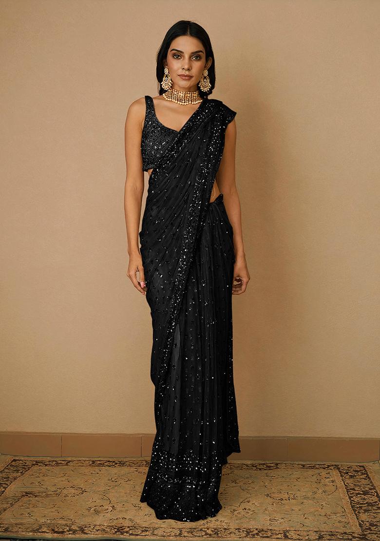 Black Embroidered Soft Net Saree Set