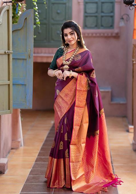 Purple Jacquard Banarasi Silk Saree Set