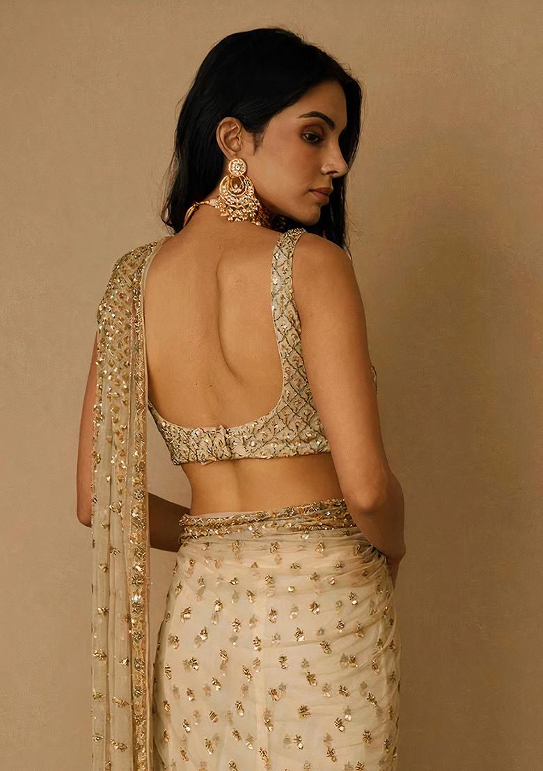 Golden Embellished Soft Net Saree Set