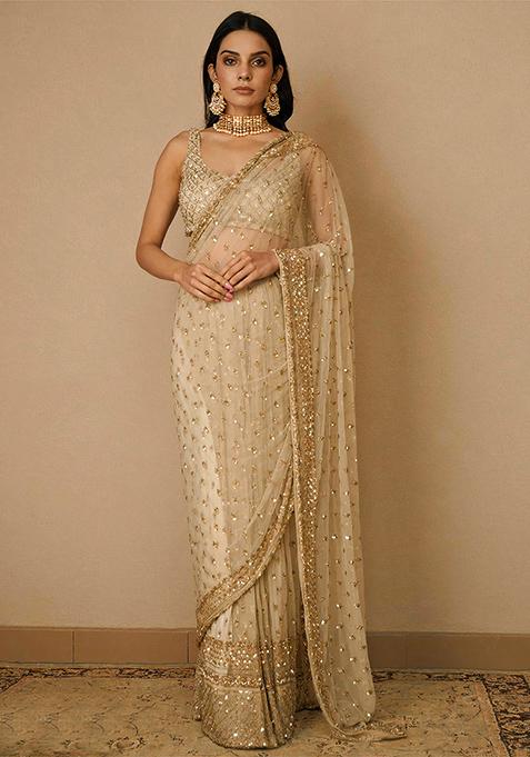 Golden Embellished Soft Net Saree Set