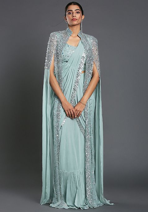 Sky Blue Sequin Embroidered Georgette Saree Set