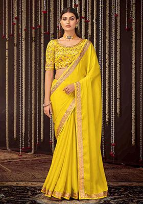 Yellow Sequin Embroidered Chiffon Saree Set