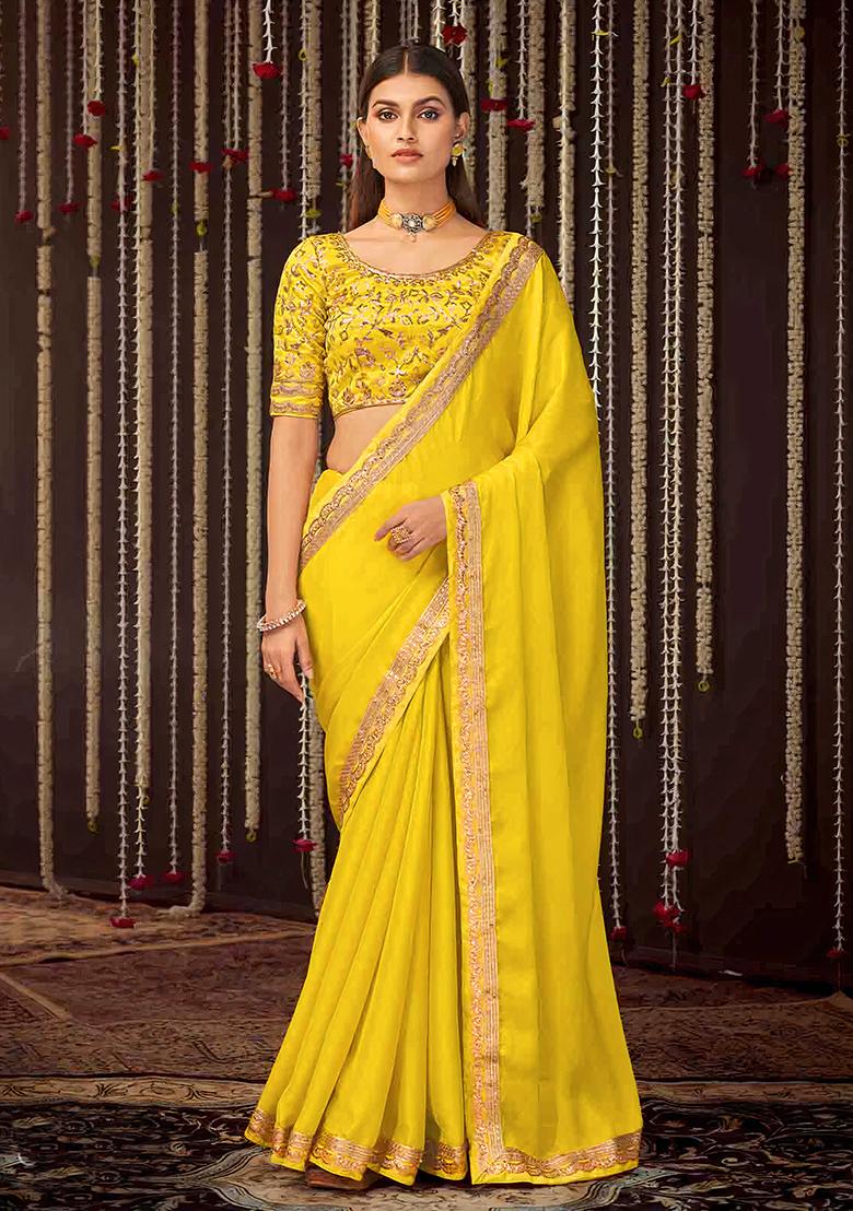 Yellow Sequin Embroidered Chiffon Saree Set