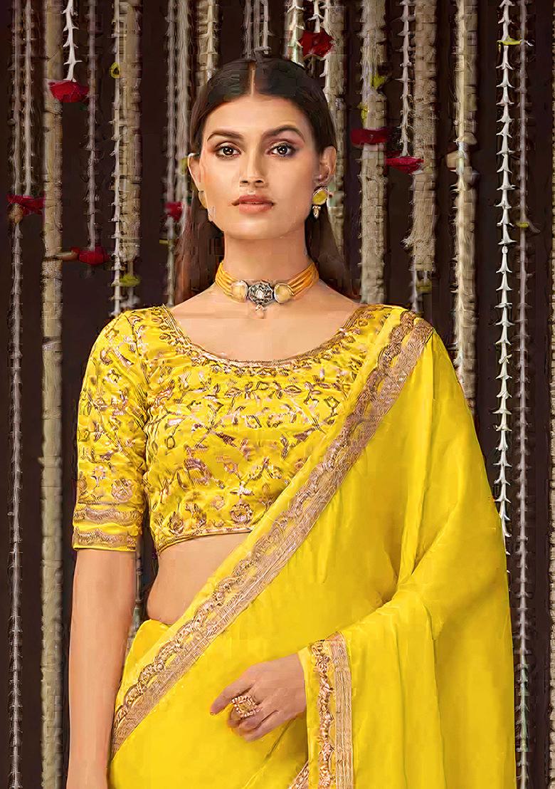 Yellow Sequin Embroidered Chiffon Saree Set