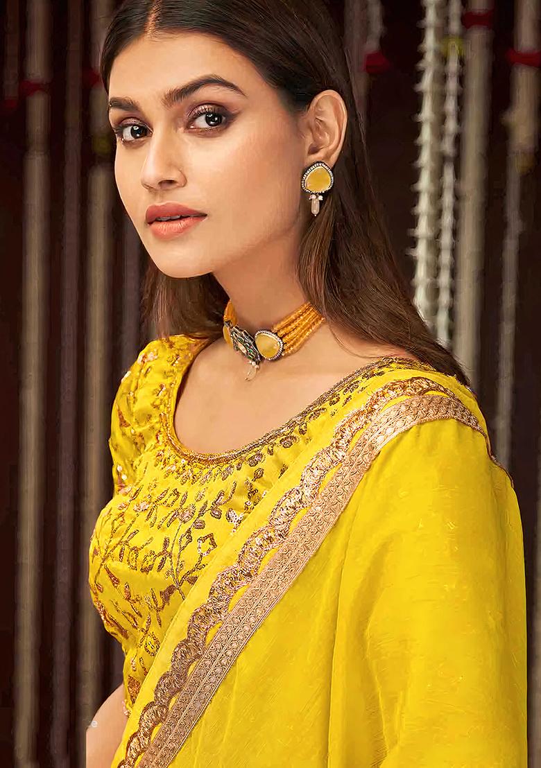 Yellow Sequin Embroidered Chiffon Saree Set
