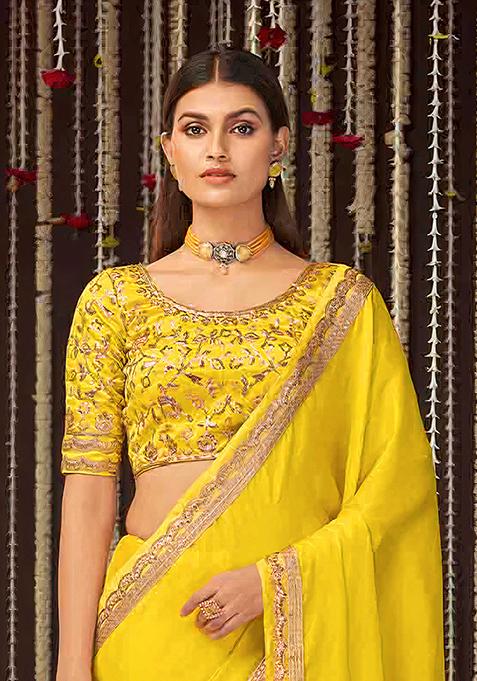 Yellow Sequin Embroidered Chiffon Saree Set