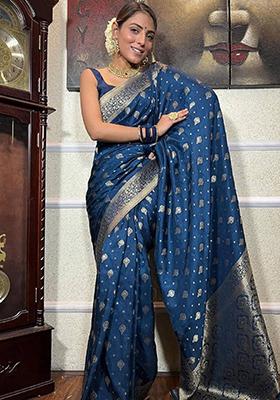Blue Jacquard Banarasi Silk Saree Set