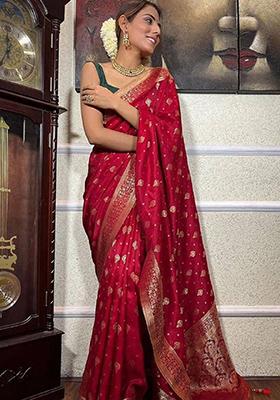 Red Jacquard Banarasi Silk Saree Set