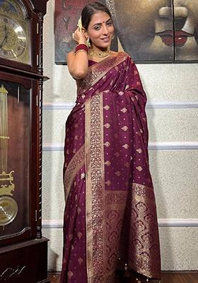 Wine Jacquard Banarasi Silk Saree Set
