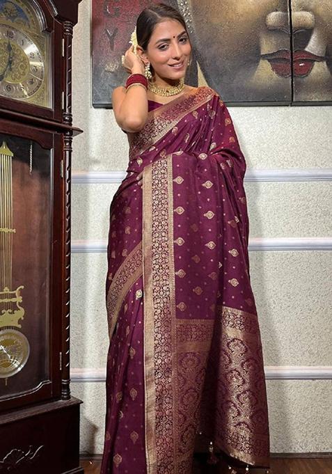 Wine Jacquard Banarasi Silk Saree Set