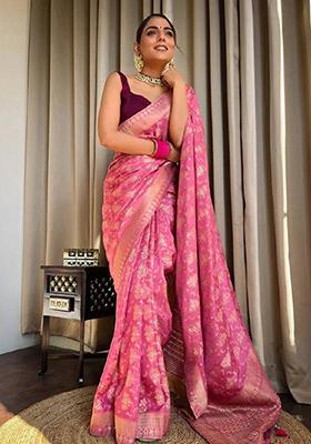 Baby Pink Zari Woven Banarasi Silk Saree Set
