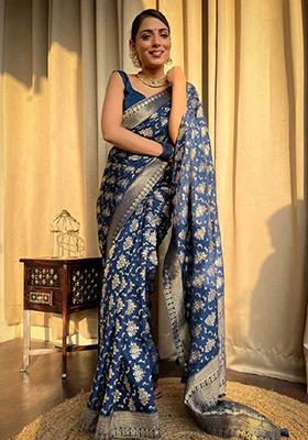 Navy Blue Zari Woven Banarasi Silk Saree Set