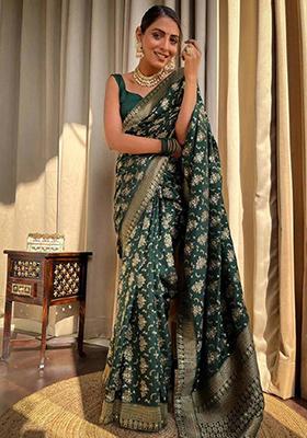 Dark Green Zari Woven Banarasi Silk Saree Set