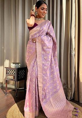 Lavender Zari Woven Banarasi Silk Saree Set