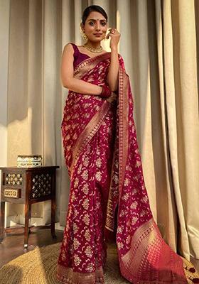 Maroon Zari Woven Banarasi Silk Saree Set