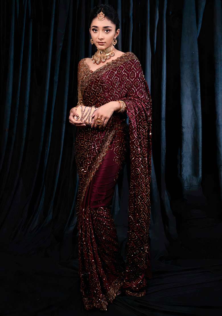Maroon Sequin Embroidered Georgette Saree Set - Indya