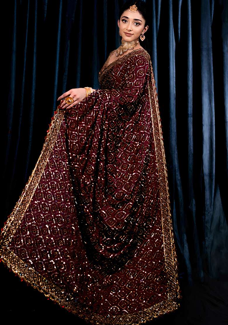 Maroon Sequin Embroidered Georgette Saree Set - Indya