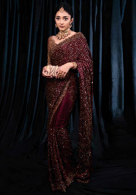 Maroon Sequin Embroidered Georgette Saree Set
