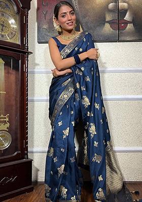 Blue Zari Woven Banarasi Silk Saree Set