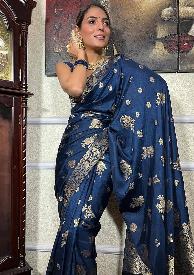 Blue Zari Woven Banarasi Silk Saree Set