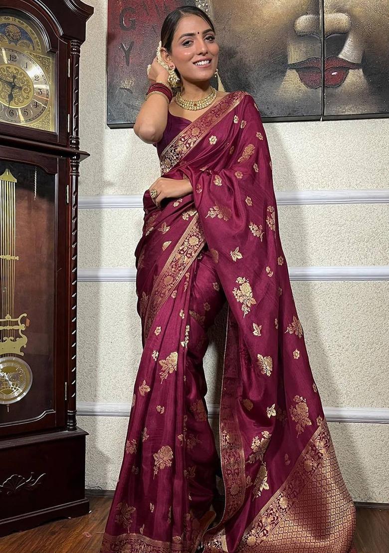 Wine Zari Woven Banarasi Silk Saree Set