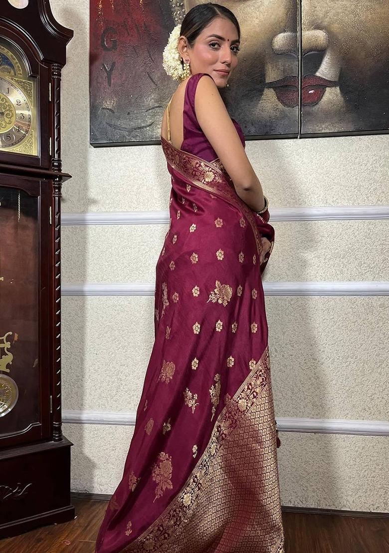 Wine Zari Woven Banarasi Silk Saree Set