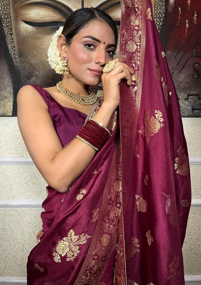 Wine Zari Woven Banarasi Silk Saree Set