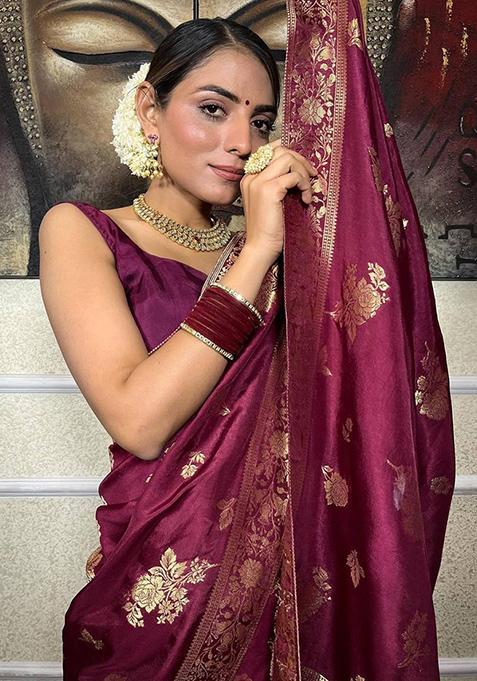 Wine Zari Woven Banarasi Silk Saree Set