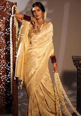 Cream And Beige Jacquard Banarasi Silk Saree Set