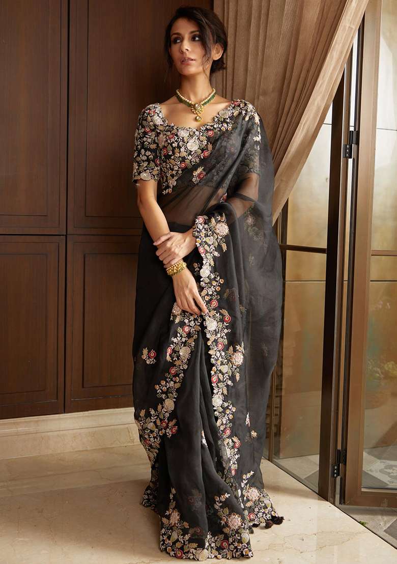 Black Georgette Saree Set with Embroidered for Diwali | Wedding & Festive Wear - Indya