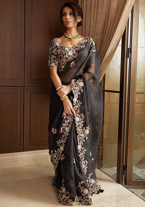 Black Georgette Saree Set with Embroidered for Diwali | Wedding & Festive Wear