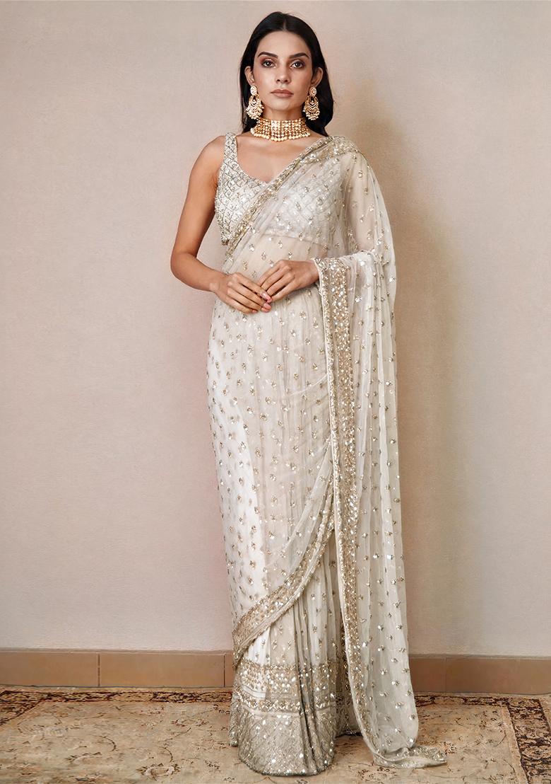 Off White Embroidered Soft Net Saree Set - Indya