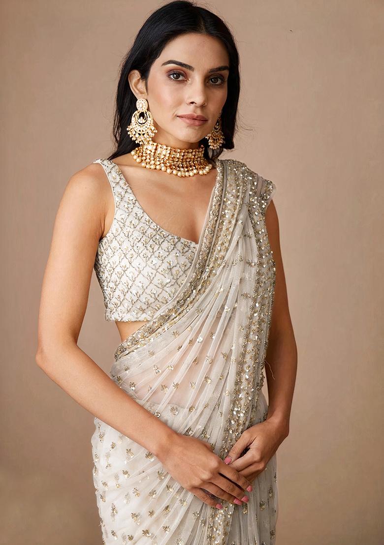 Off White Embroidered Soft Net Saree Set - Indya