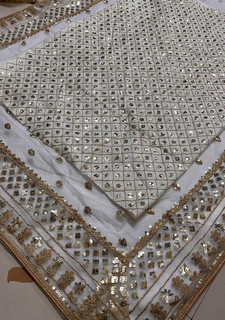 Off White Embroidered Soft Net Saree Set - Indya