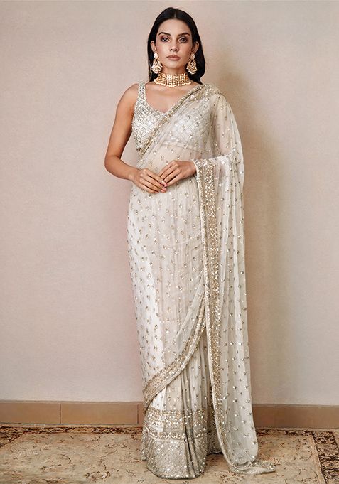 Off White Embroidered Soft Net Saree Set