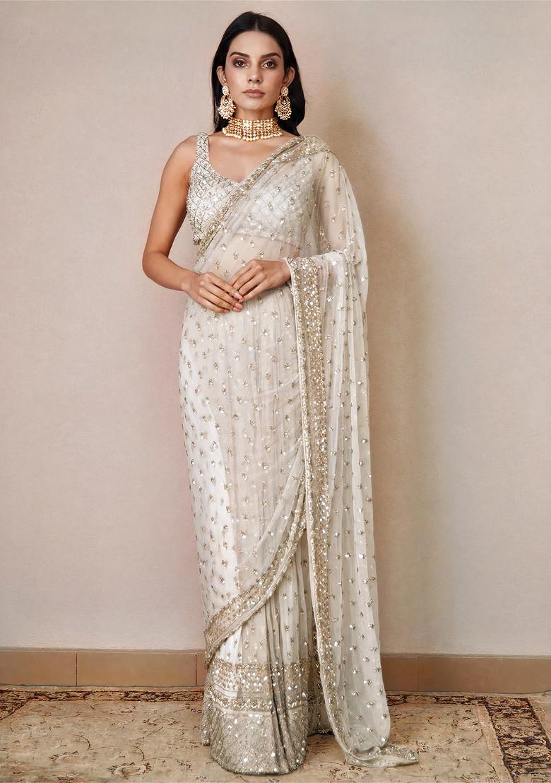 Off White Embellished Soft Net Saree Set
