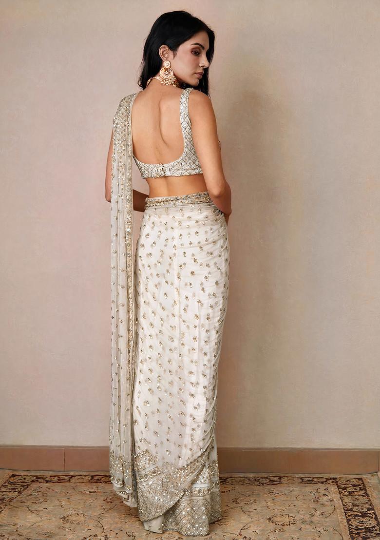 Off White Embellished Soft Net Saree Set