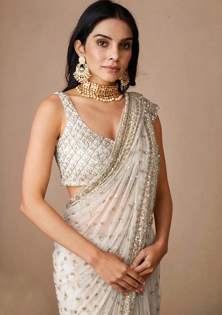 Off White Embellished Soft Net Saree Set