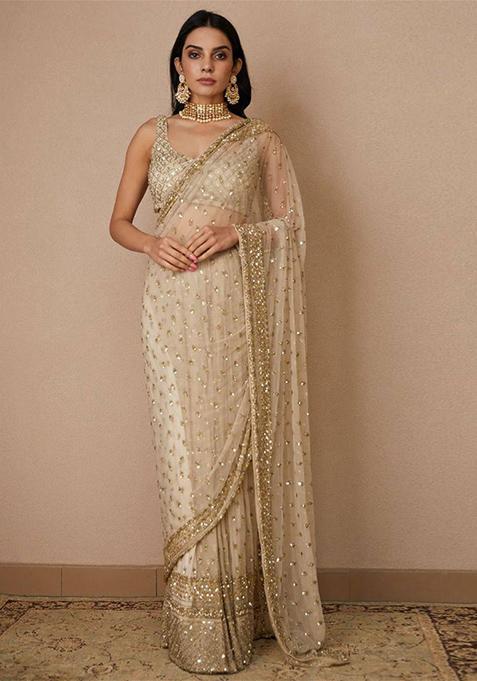 Off White Embellished Soft Net Saree Set